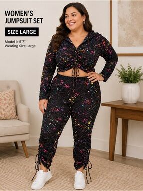 LOVESTAR JUMPSUIT SET Black Cropped Hooded Top with Neon Paint Splatter LARGE